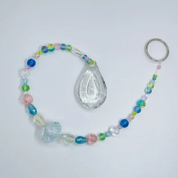 Handmade Beaded Suncatcher - Pastel - Clear Crystal Prism - Hanging Decor - Picture 1 of 14